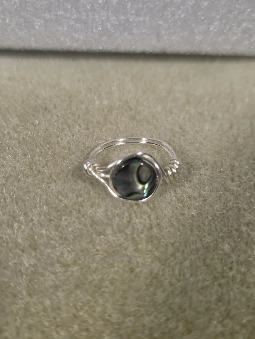 Handcrafted Silver Wire-Wrap Abalone Shell Ring - Iridescent Black-Green